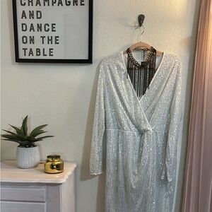 SHEIN Silver Plunge Long Sleeve Mini Gown